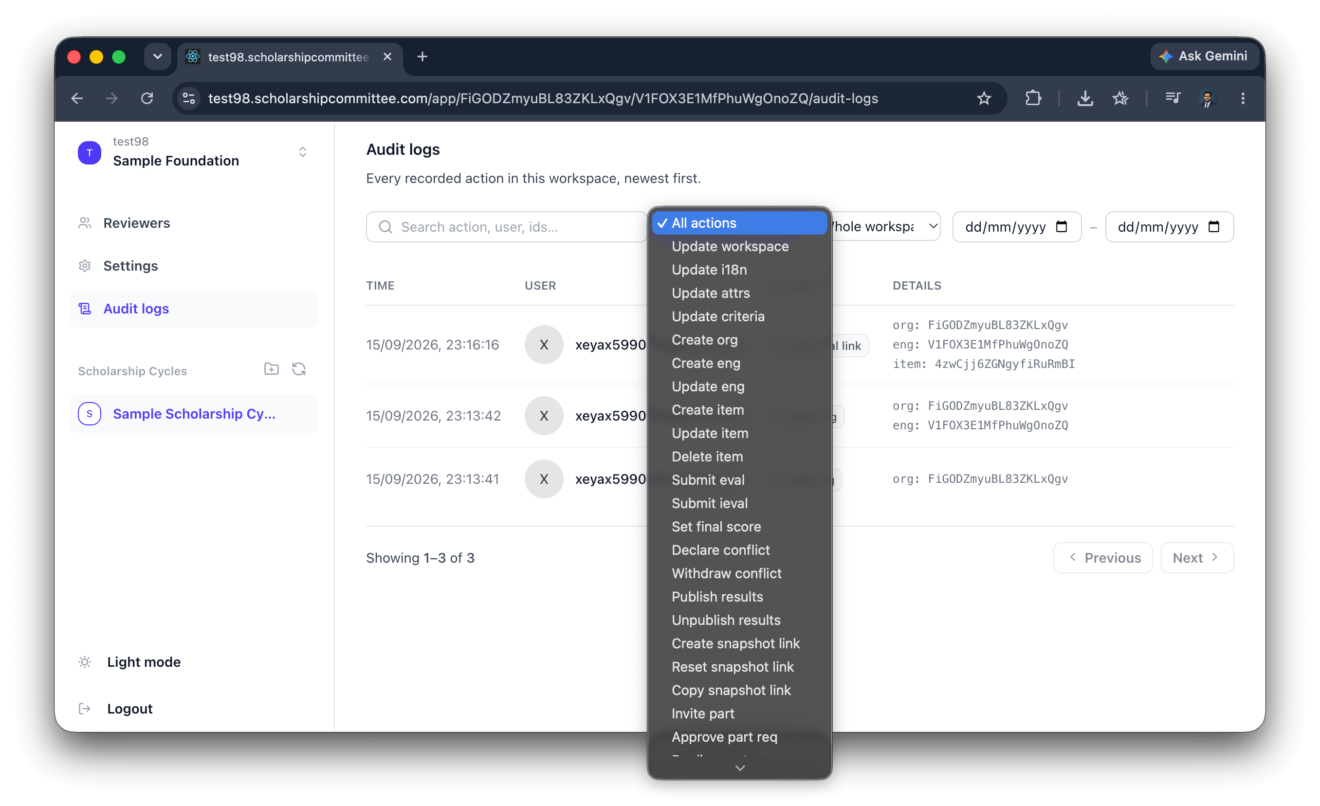 Audit log listing every recorded action in the workspace with timestamps